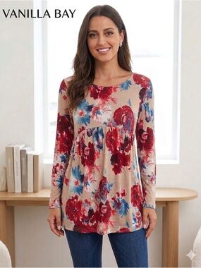 Vanilla Bay Beige Floral Peplum Tunic with Red & Blue Flowers
